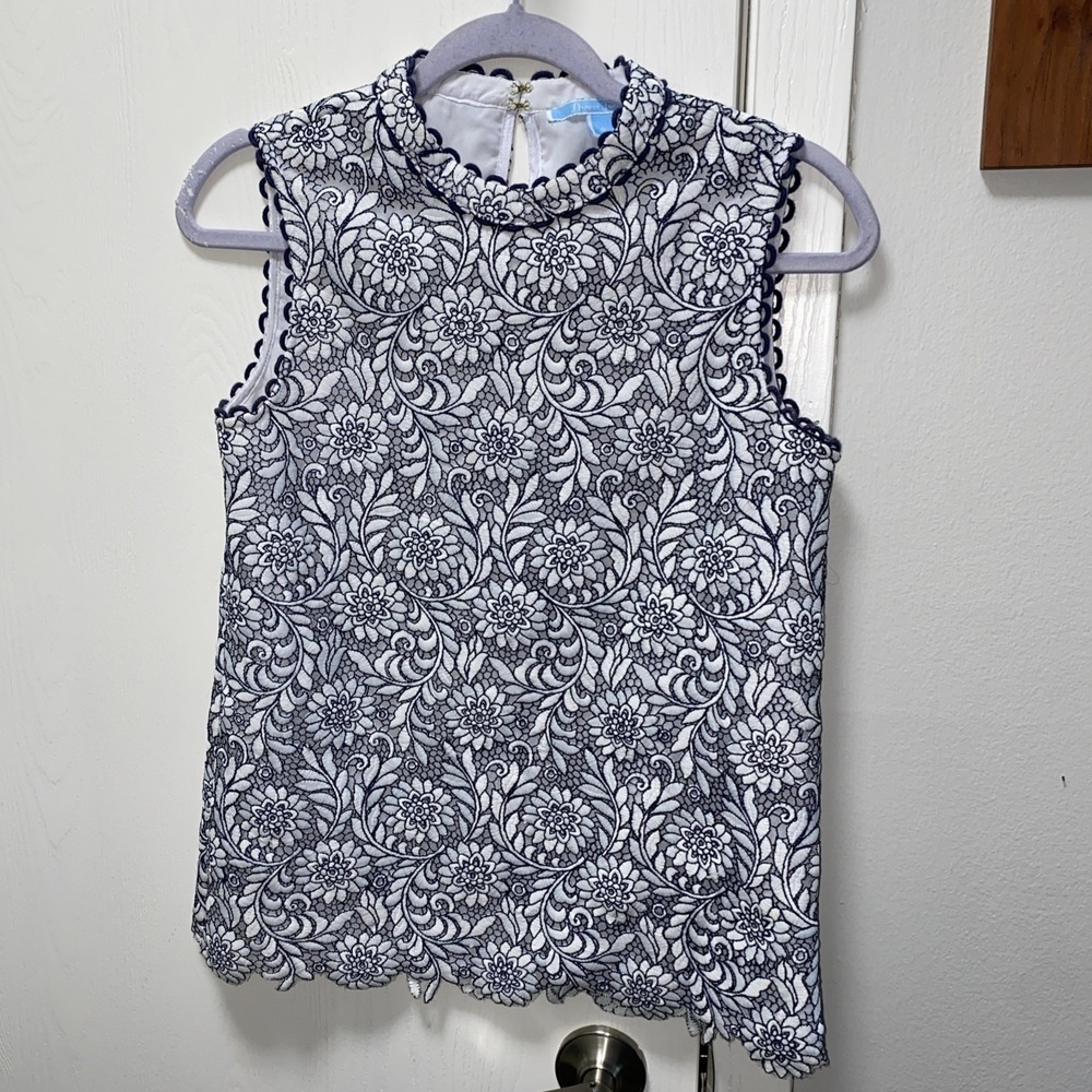 Draper James Women's Floral Lace Lined White Navy Tank Sleeveless Top 0 Boho